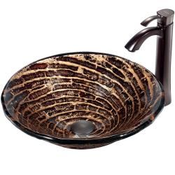 Vigo Chocolate swirl Caramel Round Glass Vessel Sink And Faucet Set In Oil rubbed Bronze