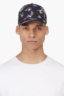 Msgm Navy Floral Print Fitted Baseball Cap
