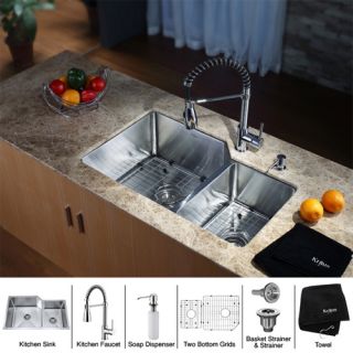 Kraus KHU12332KPF1612KSD30CH 32 inch Undermount Double Bowl Stainless Steel Kitchen Sink with Chrome Kitchen Faucet and Soap Dispenser