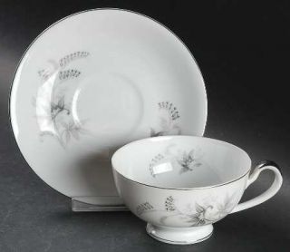 Seyei Heritage Footed Cup & Saucer Set, Fine China Dinnerware   Gray, Pink & Pla