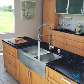 Vigo All In One 36 inch Farmhouse Stainless Steel Double Bowl Kitchen Sink And Chrome Faucet Set
