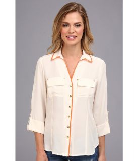 Jones New York Roll Tab Shirt w/ Rivet Detail Womens Long Sleeve Button Up (Beige)