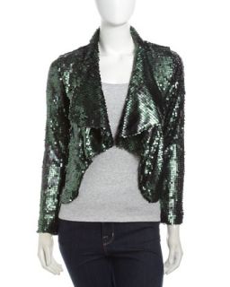 Sequined Shawl Collar Long Sleeve Jacket, Emerald