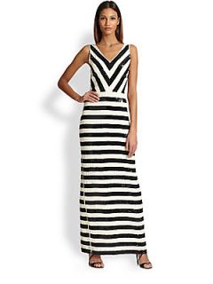 Nicole Miller Sequin Stripe Maxi Dress   Ivory Black