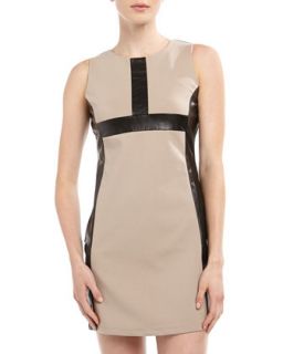 Faux Leather and Ponte Colorblock Dress, Beige/Black