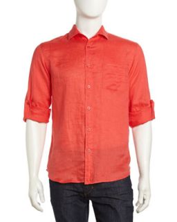 Tab Sleeve Linen Sport Shirt, Bright Coral