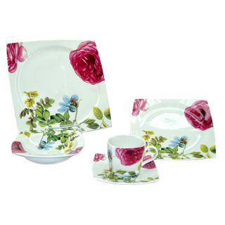 Fabulous Roses Design 20 piece Dinnerware Set (Porcelain Dinner plate dimensions 10 inches Salad plate dimensions 8 inches Soup bowl dimensions 6.25 inches Saucer 5.50 inches Mug capacity 6 ounces Number of pieces 20 Service for Four (4) Microwave 
