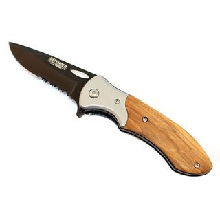 Wood Hangle 8 inch Carbon Steel Wood Handle Spring assisted Knife (Black and wood Blade materials Carbon steel Handle materials Wood Overall length 8 inchesBlade length 3.5 inches Handle length 4.5 inches Weight 7 ouncesShipping dimensions 4 inches