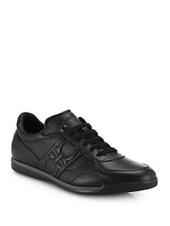 Salvatore Ferragamo Priamo Leather Logo Sneakers   Black