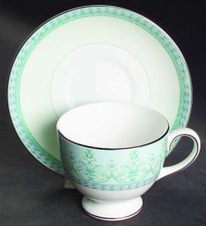 Wedgwood Amesbury Footed Cup & Saucer Set, Fine China Dinnerware   Bone,Green/Wh