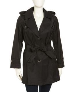 Hooded Pleated Trench Coat, Black, Womens