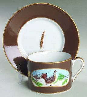 Lynn Chase Winter Game Birds Chestnut Brown Flat Cup & Saucer Set, Fine China Di