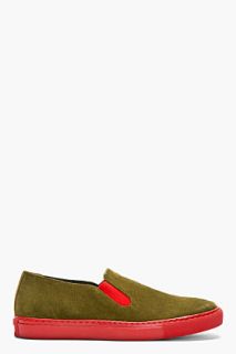 Comme Des Garons Shirt Olive Green Suede Slip On Sneakers