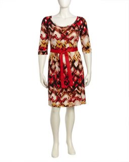 Scoop Neck Geometric Brushstroke Print Dress, Red/Tan, Womens