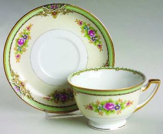 Meito Mei123 Footed Cup & Saucer Set, Fine China Dinnerware   Green Band,Floral