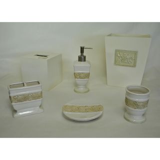 Sherry Kline Winchester Bath Accessory 6 piece Set (Off white/ multi Materials Ceramic/ glass/ woodDimensionsSoap dish 1.5 inches high x 5 inches wide x 4 inches long Tumbler 4.75 inches high x 3.5 inches in diameter Toothbrush holder 4.5 inches high