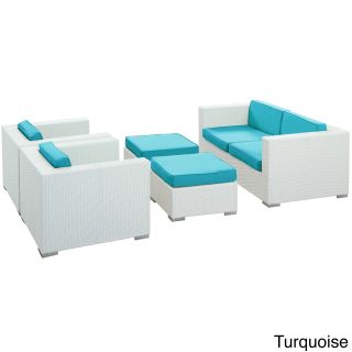 Malibu Outdoor Wicker 5 piece Patio Sofa Set (Turquoise, Brown, Mocha, PeridotMaterials Synthetic rattan weave/powder coated aluminum/tempered glassFinish WhiteCushions included YesWeather resistant YesUV protection YesAdjustable legs/back NoWheels