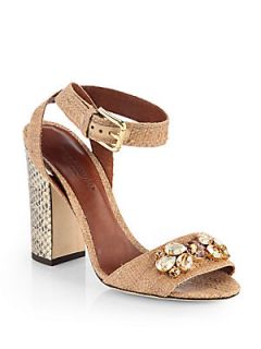 Dolce & Gabbana Jeweled Raffia & Snakeskin High Heel Sandals   Natural