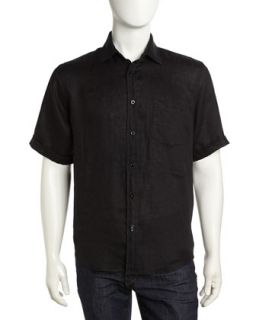 Short Sleeve Linen Button Down Shirt, Black