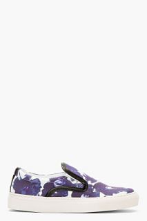 Mother Of Pearl Indigo And White Floral Leather Trim Slip_on Sneakers