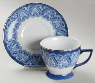 Bombay Tile Footed Cup & Saucer Set, Fine China Dinnerware   Blue Scrolls,Fans,S