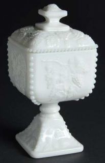 Westmoreland Paneled Grape Milk Glass Beaded Footed Candy Dish with Lid   Stem 1