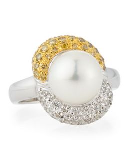Two Tone Diamond Akoya Cultured Pearl Ring, Size 7