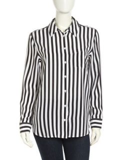 Reese Long Sleeve Striped Georgette Blouse, White/Black