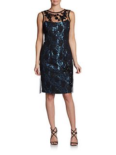 Beaded Lace Overlay Dress   Blue
