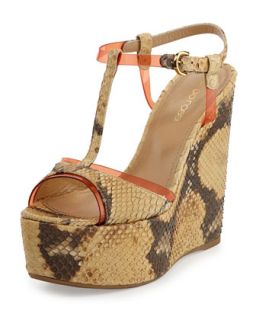 Python Leather T Strap Wedge Sandal, Desert/Orange