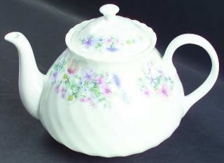 Wedgwood Angela Teapot & Lid, Fine China Dinnerware   Pastel Flowers, Swirled Ed