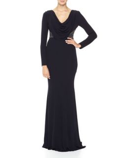 Long Sleeve Draped Cowl Beaded Gown, Navy