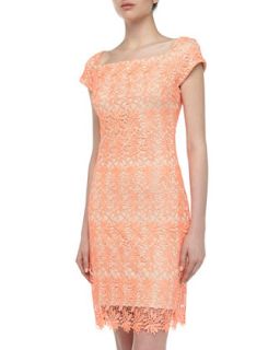 Floral Lace Scalloped Sheath Dress, Coral