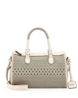 Diamond Perforated Faux Leather Duffle Bag, Gray/Cream