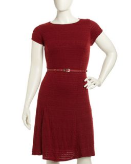 Belted Puckered Knit Dress, Wine, Womens