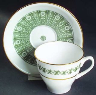 Spode Provence Flat Cup & Saucer Set, Fine China Dinnerware   Green Leaves Rim,