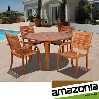 Riviera 5 piece Round Dining Set (BrownMaterials Euclayptus woodFinish StainedWeather resistantUV protectionTable dimensions 29 inches high x 48 inches wide x 48 inches deep Armchairs dimensions 36 inches high x 23 inches wide x 23 inches deepWeight 