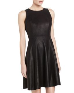 Fit and Flare Leather Dress, Black