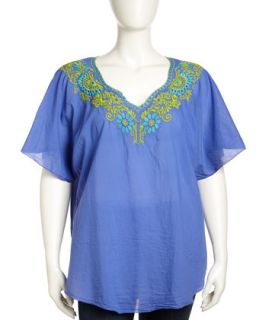 Embroidered Neck Voile Tee, Cadet, Womens