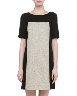 Short Sleeve Colorblocked Tweed Dress, Ivory