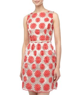 Flower Embroidered Doupioni Dress, Red
