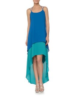 Sleeveless Double Tiered High Low Dress, Peacock Teal
