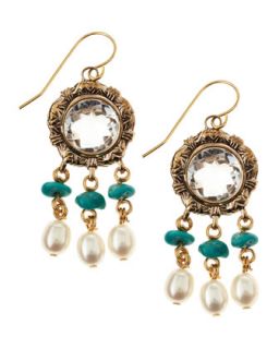 Crystal, Turquoise, & Pearl Drop Earrings