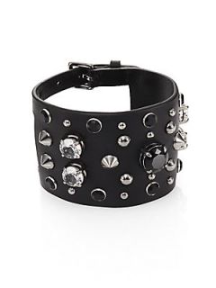 Miu Miu Embellished Wide Leather Cuff Bracelet   Black