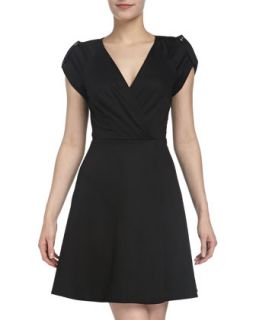Short Sleeve Fit and Flare Poplin Dress, Black