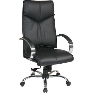 Deluxe High back Black Executive Leather Chair (BlackMaterials Foam, steel, leather, plasticContoured seat and back with built in lumbar supportOne touch pneumatic seat height adjustmentLocking mid pivot knee tilt control with adjustable tilt tensionBlac