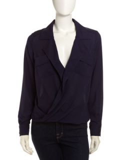 Crossover Wrap Georgette Blouse, Navy
