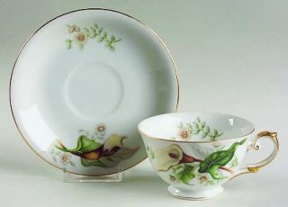 Grace Wood Lily Footed Cup & Saucer Set, Fine China Dinnerware   Wood Lily Flowe