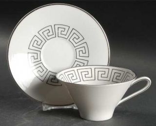 Quality Crafts Athena Flat Cup & Saucer Set, Fine China Dinnerware   Black Greek