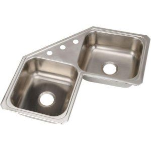 Elkay CCR32323 Celebrity Corner Mount 3 Hole Double Bowl Kitchen Sink, Stainless